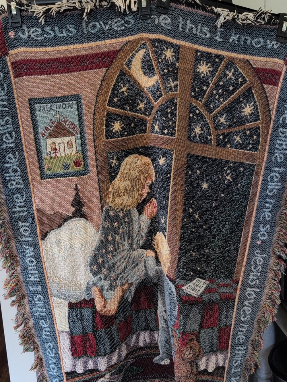 Vintage Jacquard Siblings Prayer Throw Blanket - Navy, Tan & Red